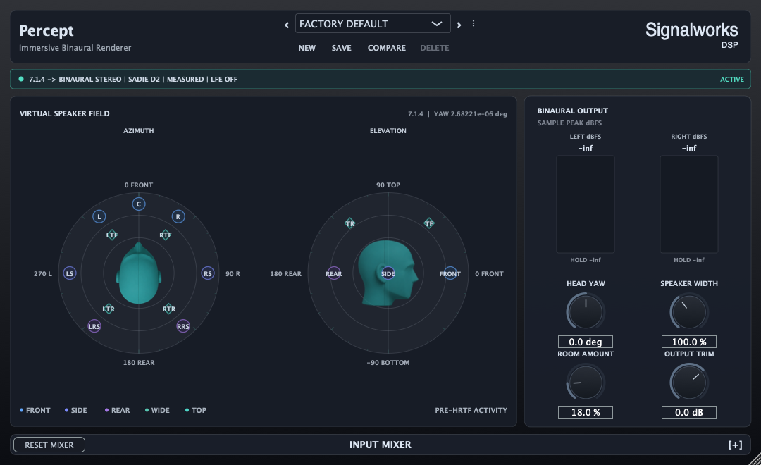 Percept binaural renderer with a 7.1.4 speaker layout, azimuth and elevation views