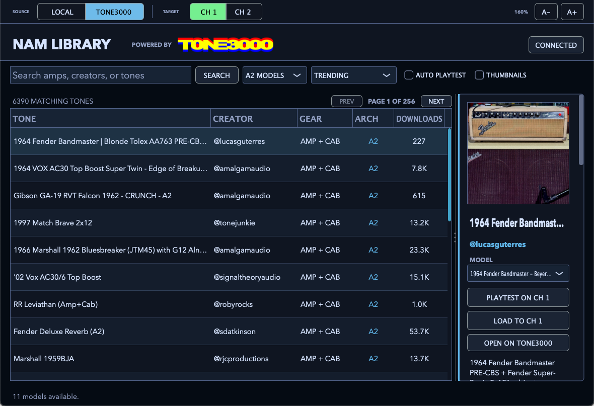 DualRig NAM Librarian browsing TONE3000 models with Playtest and Load Model controls